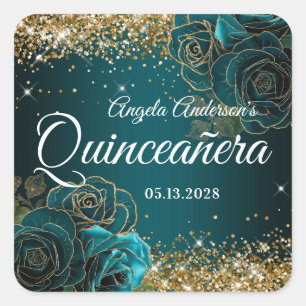 Blue Teal Floral Gold Glitter Glam Quinceañera Square Sticker