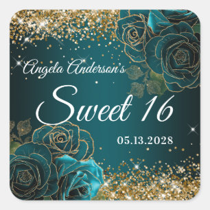 Blue Teal Floral Gold Glitter Glam Sweet 16 Square Sticker