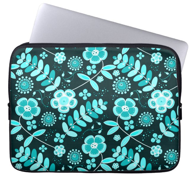 blue teal floral pattern stylish chic laptop sleeve (Front)