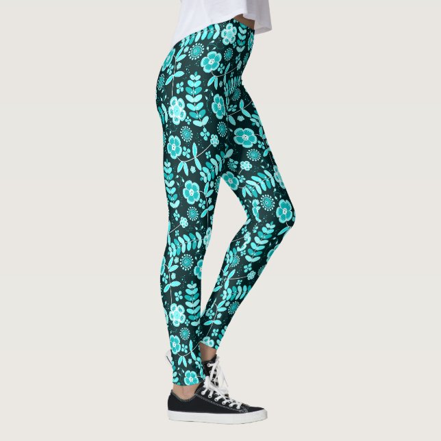 blue teal floral pattern stylish chic leggings (Right)