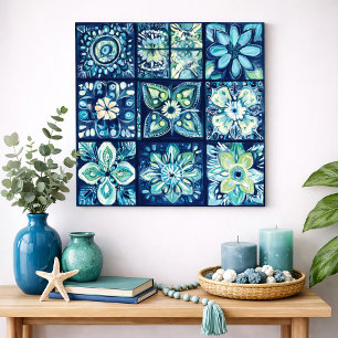Blue Teal Floral Tile Mandala Watercolor Wall Art