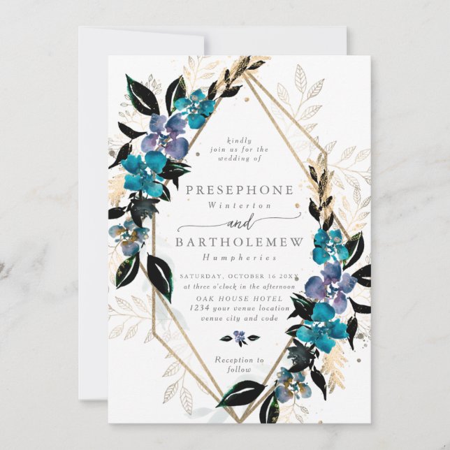 Blue teal Floral Wedding Bouquet Invitation (Front)