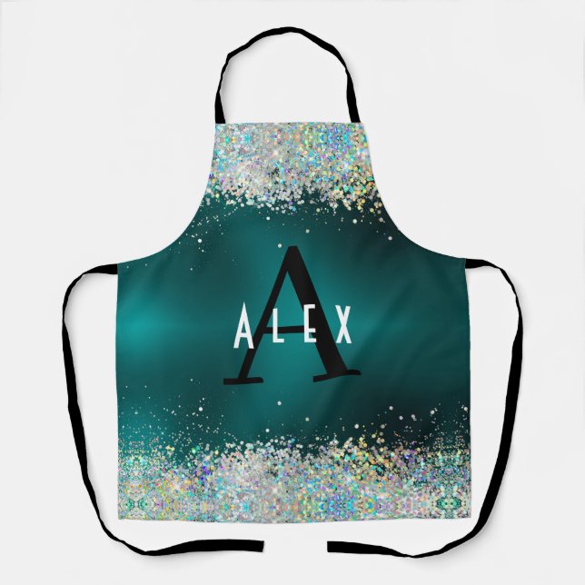 Blue Teal Glitter Monogram Add Your Name + Initial Apron (Front)