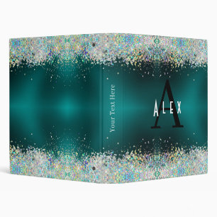 Blue Teal Glitter Monogram Add Your Name + Initial Binder
