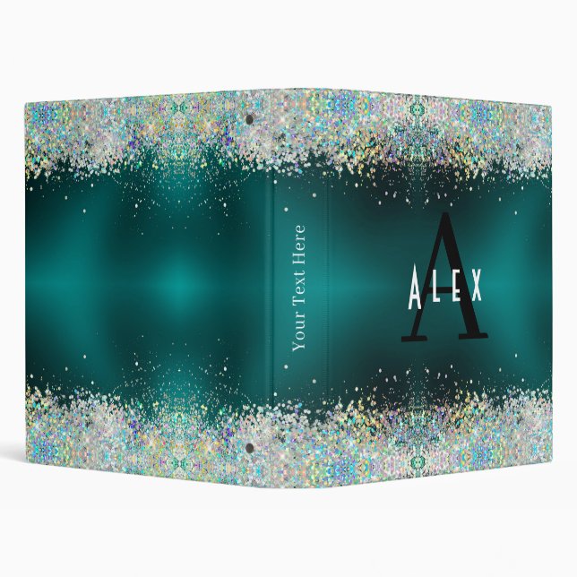 Blue Teal Glitter Monogram Add Your Name + Initial Binder (Background)