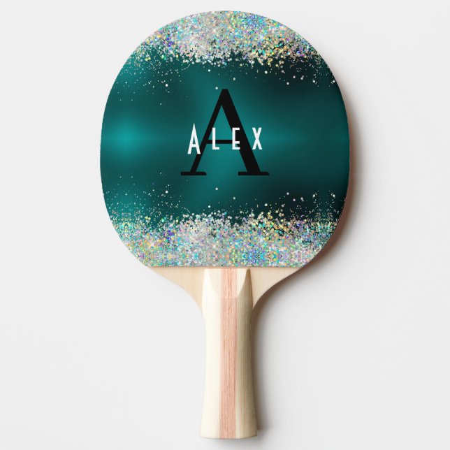 Blue Teal Glitter Monogram Add Your Name + Initial Ping Pong Paddle (Front)