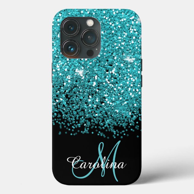 Blue, Teal, Glitter, Name and Monogram, Girly Case (Back)