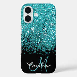 Blue, Teal, Glitter, Name and Monogram, Girly iPhone 16 Case