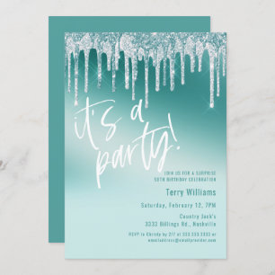 Blue Teal Glitter Surprise 50th Birthday Party Invitation
