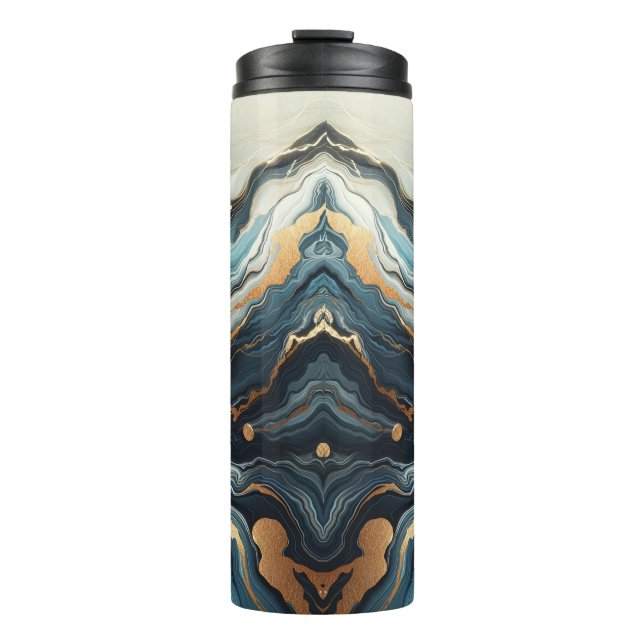 Blue Teal Gold Agate Modern Glam Elegant Beachy Thermal Tumbler (Front)
