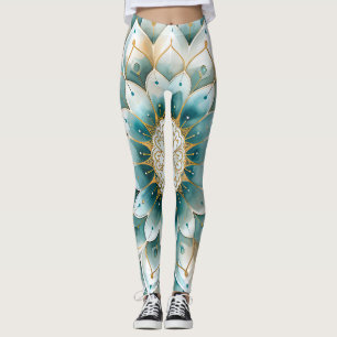 Blue Teal Gold Floral Mandala Leggings