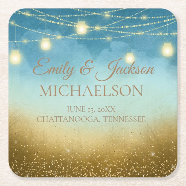 Blue Teal Gold String LIghts Mason Jars Wedding Square Paper Coaster (Front)