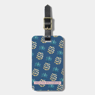Blue, Teal & Gold Tropical Pineapple Fruit Pattern Luggage Tag