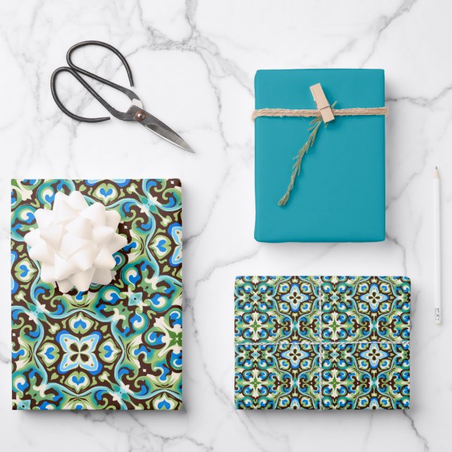 Blue, Teal, Green & Chocolate Pattern Wrapping Paper Sheet (Front)