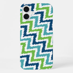 Blue Teal Green Diagonal Zigzag Ikat Pattern iPhone 16 Plus Case