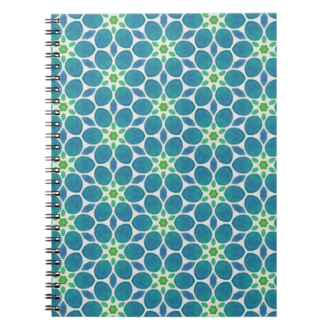 Blue teal green floral pattern flower mosaic 70s notebook (Front)