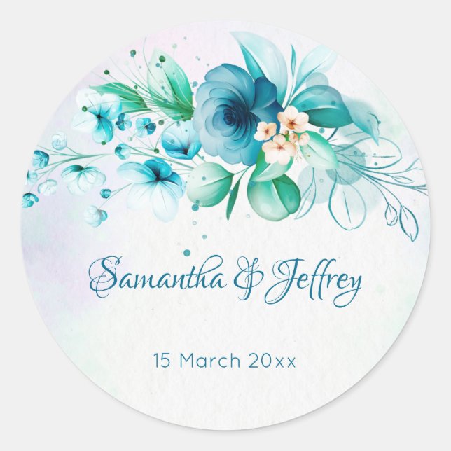 Blue teal green flowers floral wedding envelope classic round sticker (Front)
