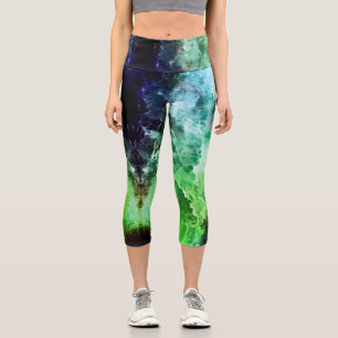 Blue Teal Green Fractal Stormy Clouds Capri Leggings