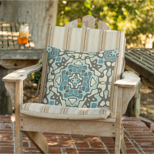 Blue Teal Green Gray Taupe Brown Orient Bali Art Outdoor Pillow