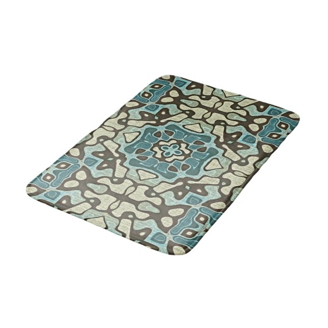Blue Teal Green Grey Ochre Hip Orient Bali Art Bath Mat (Angled)