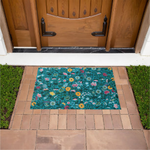 Blue Teal Green Red Pink Yellow Floral Pattern Doormat