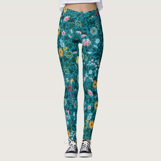 Blue Teal Green Red Pink Yellow Floral Pattern Leggings (Front)