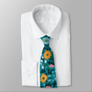 Blue Teal Green Red Pink Yellow Floral Pattern Tie