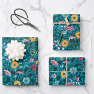 Blue Teal Green Red Pink Yellow Floral Pattern Wrapping Paper Sheet