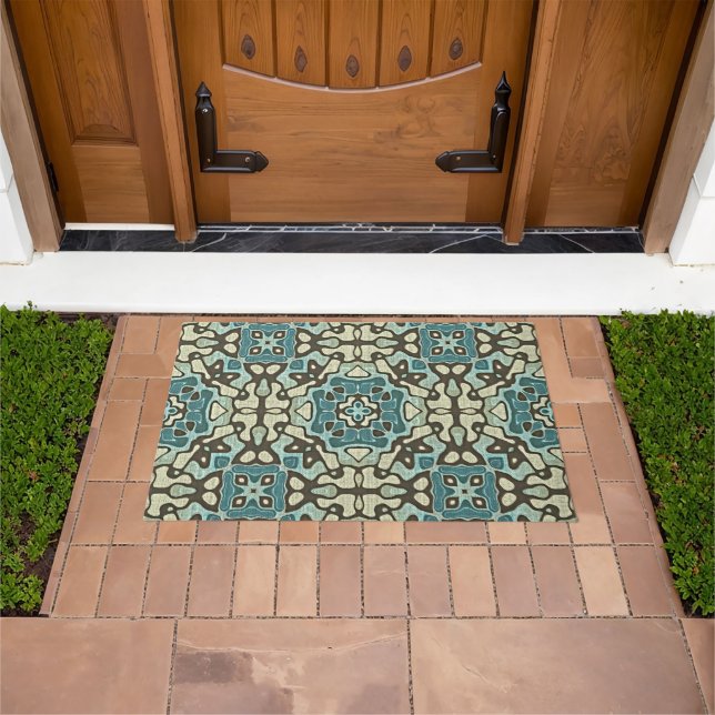 Blue Teal Green Taupe Brown Bohemian Tribe Art Doormat (Outdoor)
