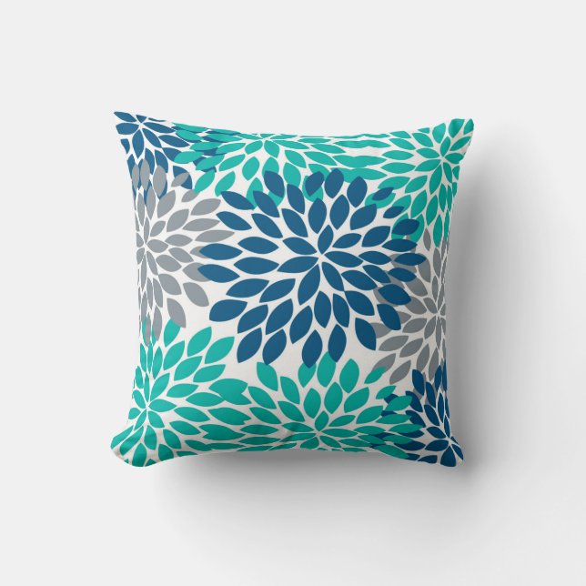 Blue, Teal, Grey Dahlia Pinnata Throw Pillow (Front)