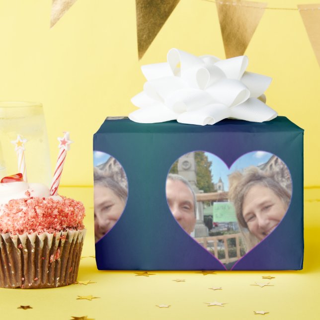 Blue Teal Heart Frame Your Photo Wrapping Paper (Birthday Party)