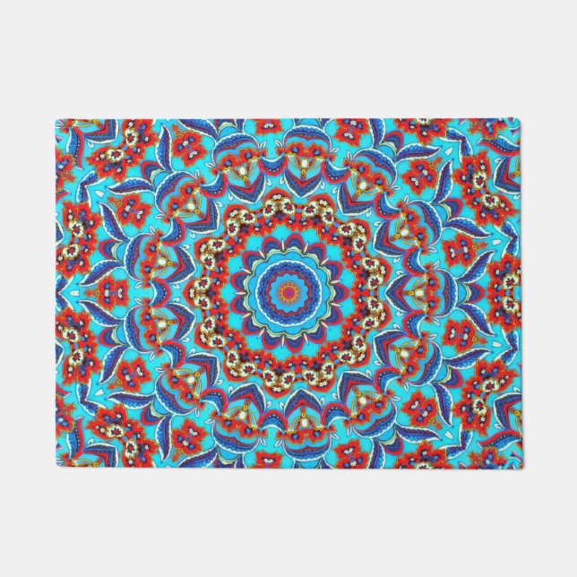 Blue Teal Leaf Floral Mandala Boho Doormat (Front)