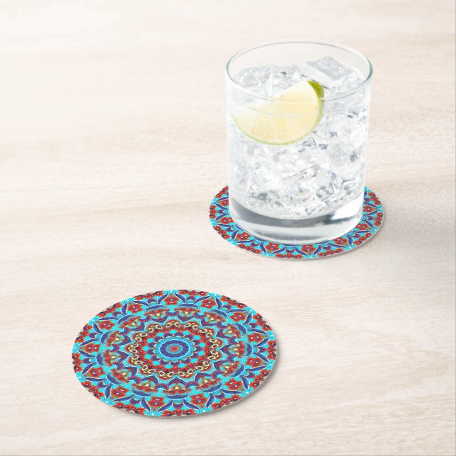 Blue Teal Leaf Floral Mandala Boho Round Paper Coaster (Insitu)