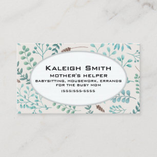 Blue Teal Leaves / Greenery White Mother's Helper Calling Card