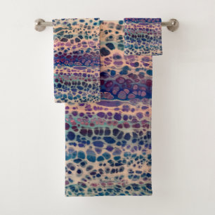 Blue Teal Lilac White Acrylic Abstract Fluid Art  Bath Towel Set