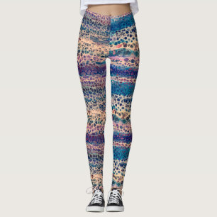 Blue Teal Lilac White Acrylic Abstract Fluid Art Leggings