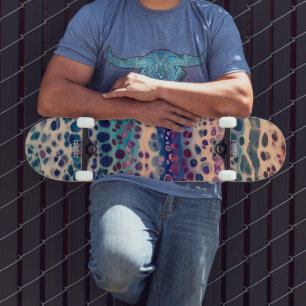 Blue Teal Lilac White Acrylic Abstract Fluid Art Skateboard