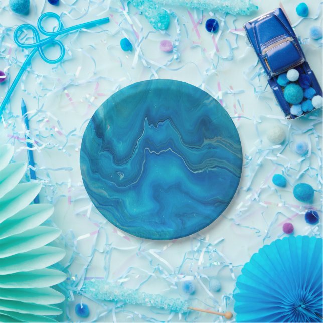 Blue & Teal Marble Agate Abstraction  Paper Plate (Party)