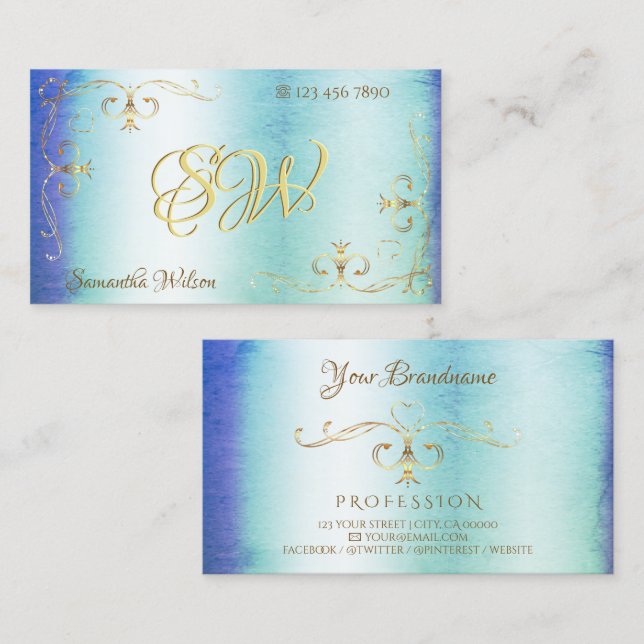 Blue Teal Marble Gold Ornate Corners with Initials Business Card (Front/Back)