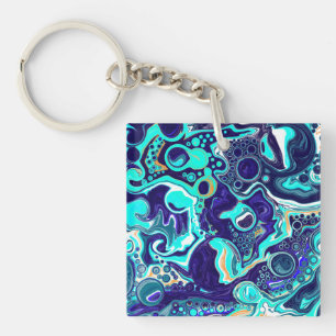 Blue Teal Ocean Swirls Fluid Art Keychain
