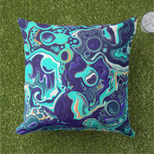  Blue Teal Ocean Swirls Fluid Art  Outdoor Pillow