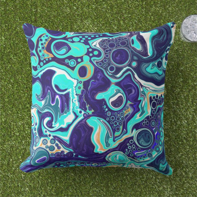  Blue Teal Ocean Swirls Fluid Art  Outdoor Pillow (Grass)