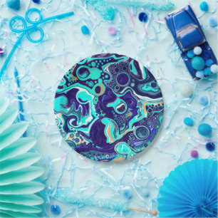 Blue Teal Ocean Swirls Fluid Art Paper Plate