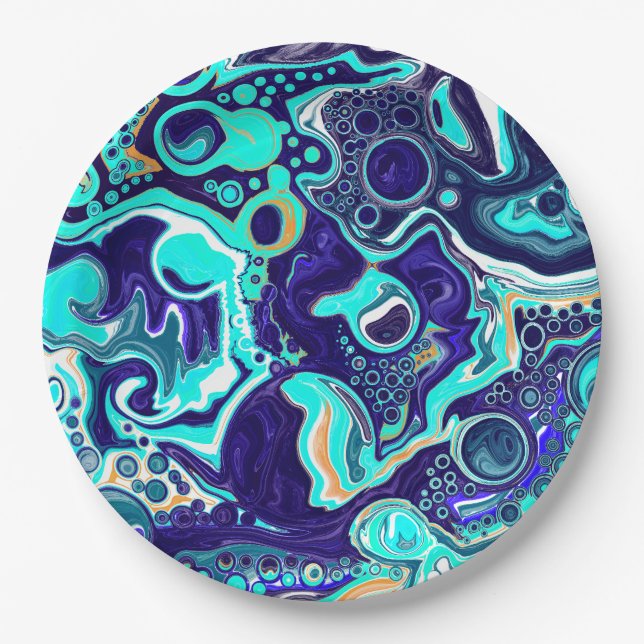  Blue Teal Ocean Swirls Fluid Art  Paper Plate (Front)