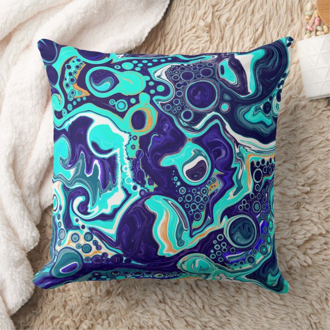  Blue Teal Ocean Swirls Fluid Art    Throw Pillow (Blanket)