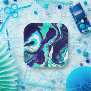  Blue Teal Ocean Swirls Marble Fluid Art Paper Plate