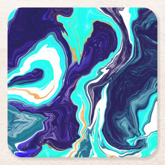  Blue Teal Ocean Swirls Marble Fluid Art    Square Paper Coaster (Front)
