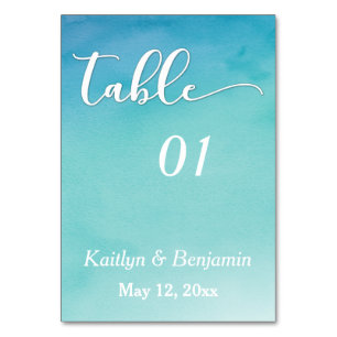 Blue & Teal Ombre Watercolor Wedding Table Number
