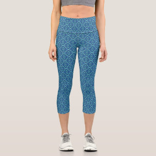 Blue Teal Openwork Lace Pattern Capri Leggings