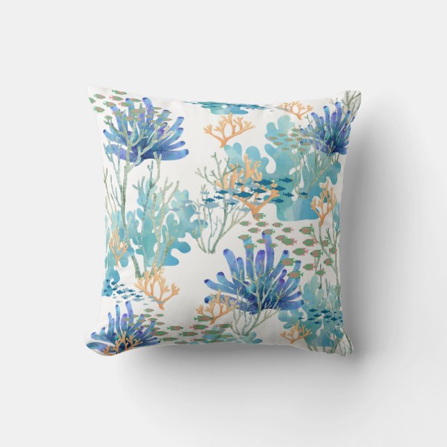 Blue Teal Orange Coral Reef Fish Coastal Oceanlife Throw Pillow (Front)